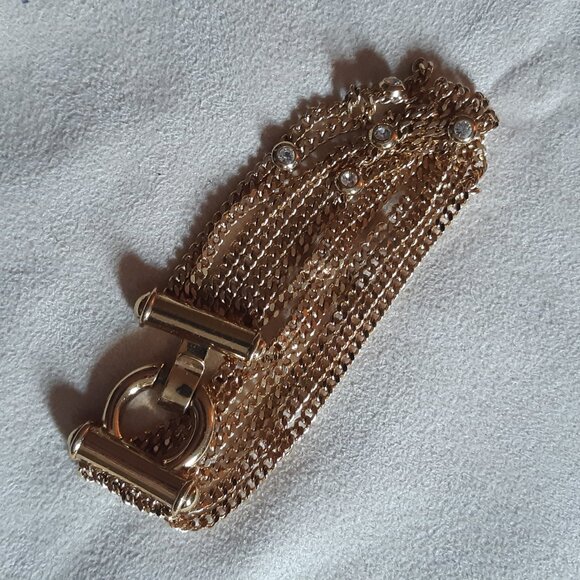 1990s NOLAN MILLER Bracelet Gold Tone 6 Strand,14 Bezel Set Rhinestones, Vintage - Picture 13 of 16
